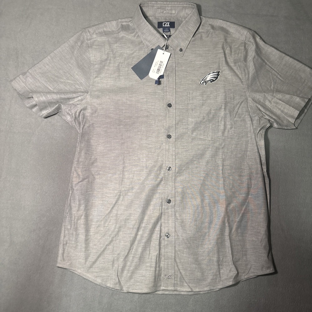 Philadelphia Eagles Cutter & Buck Button Up Men L Gray Short Sleeve New NWT